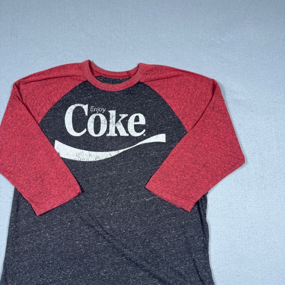 Coca-Cola Graphic Raglan T-Shirt Mens Large Black Red Baseball Style Distressed - Picture 9 of 11